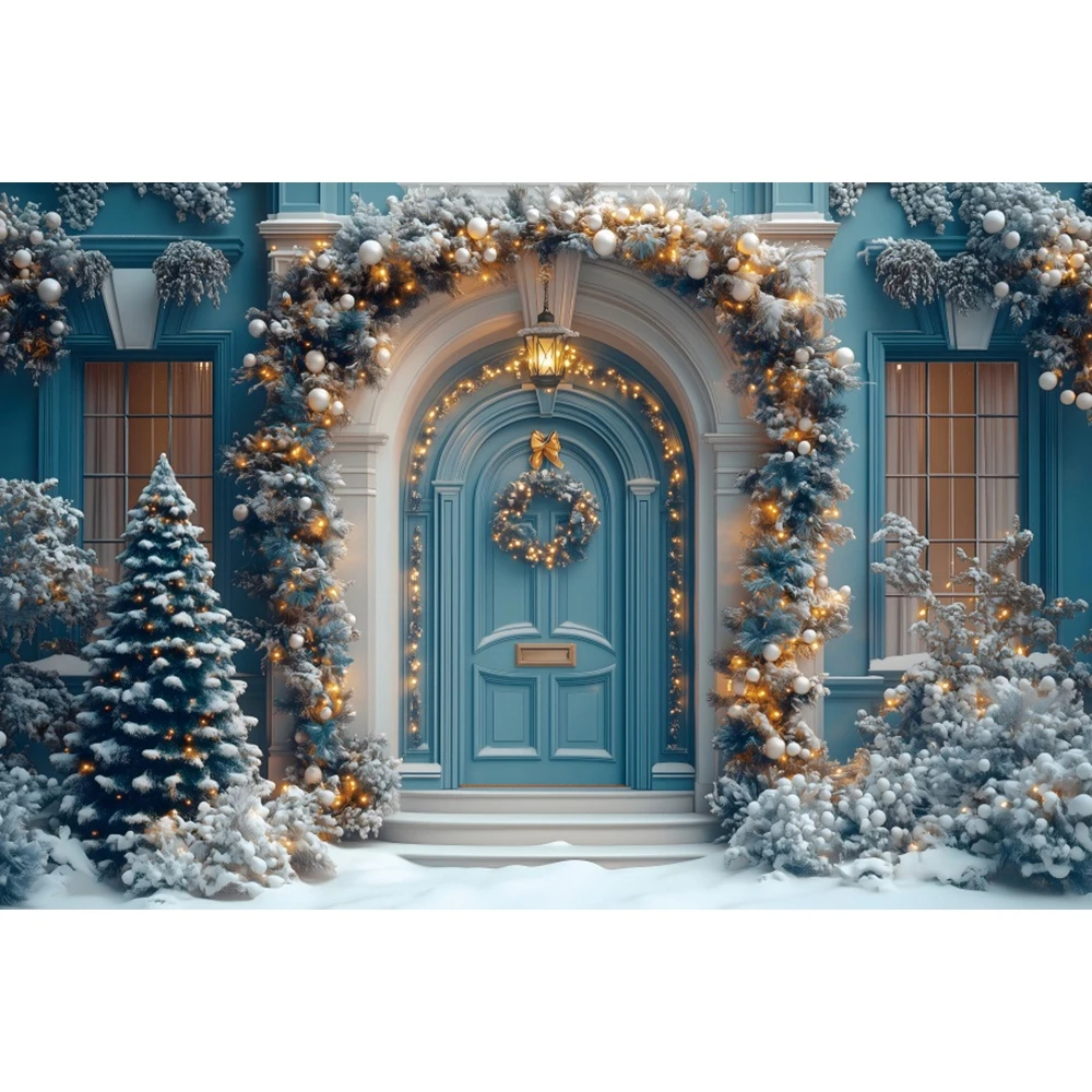 Fond de photographie de Noël d'hiver, arbre de Noël, neige, cadeaux, fenêtre, porte en bois, cour, portrait de famille, studio photo