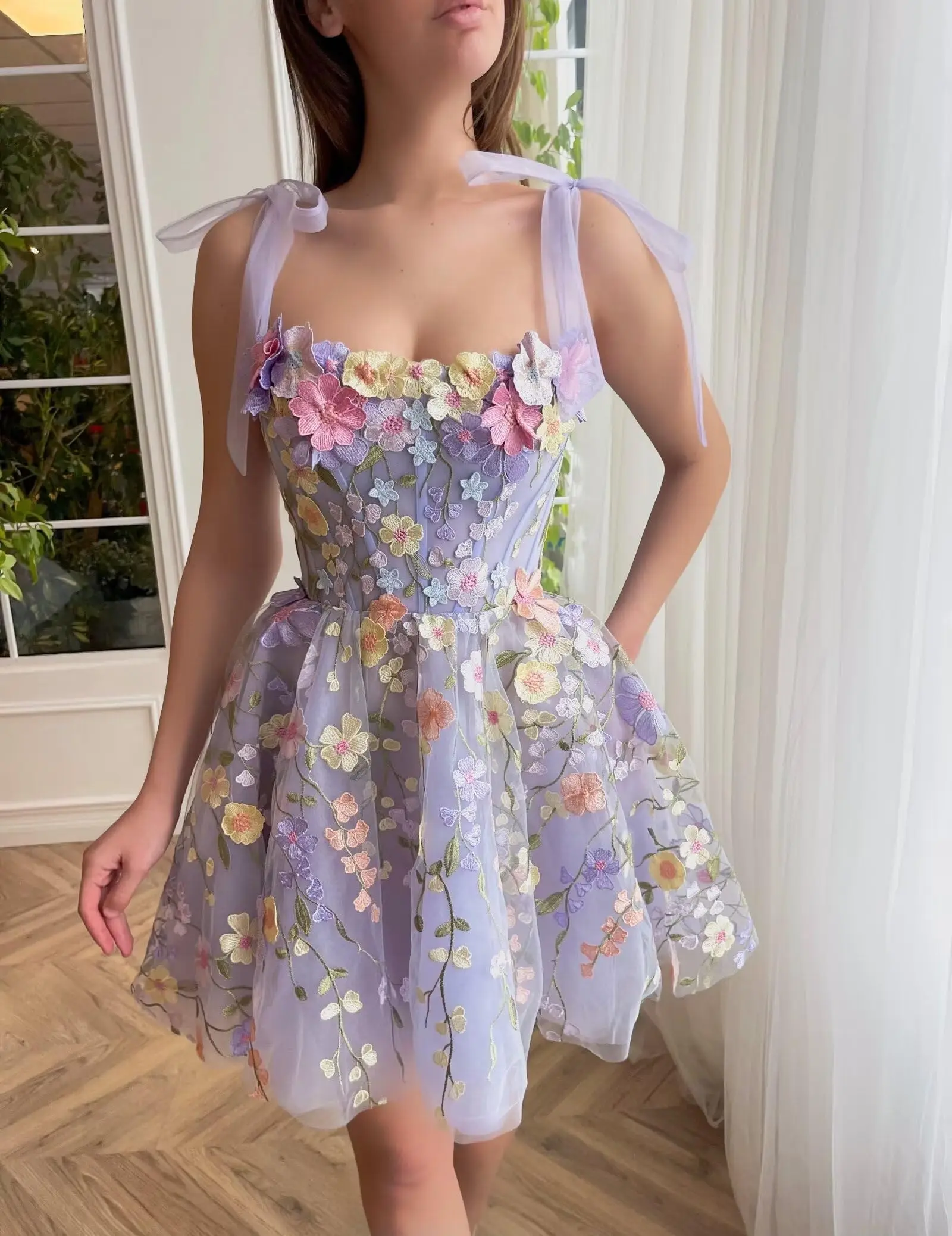 

Cute A-line 3D Floral Embroider Mini Long Prom Dress Sleeveless Party Dress Floral Tulle Homecoming Dress vestidos Party Gowns