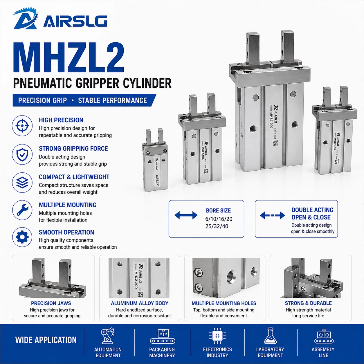 MHZL2 Pneumatic Gripper Double Acting Air Finger Cylinder 10S 16S 20S 25S 16D 20D 25D Parallel Gripper