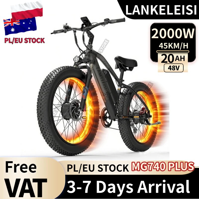 Bicicletta Elettrica per Adulti LANKELEISI MG740 PLUS 48V20AH 2000W, E-bike da Città con Pneumatici Larghi da 26 Pollici, Non Pieghevole, con Display LCD