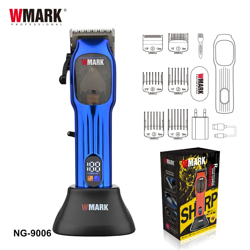 WMARK NG-9006 High Speed Professional Hair Clipper Powder Metallurgy 440C (9CR18) Stainless Steel Fade Blade With Charge Stand