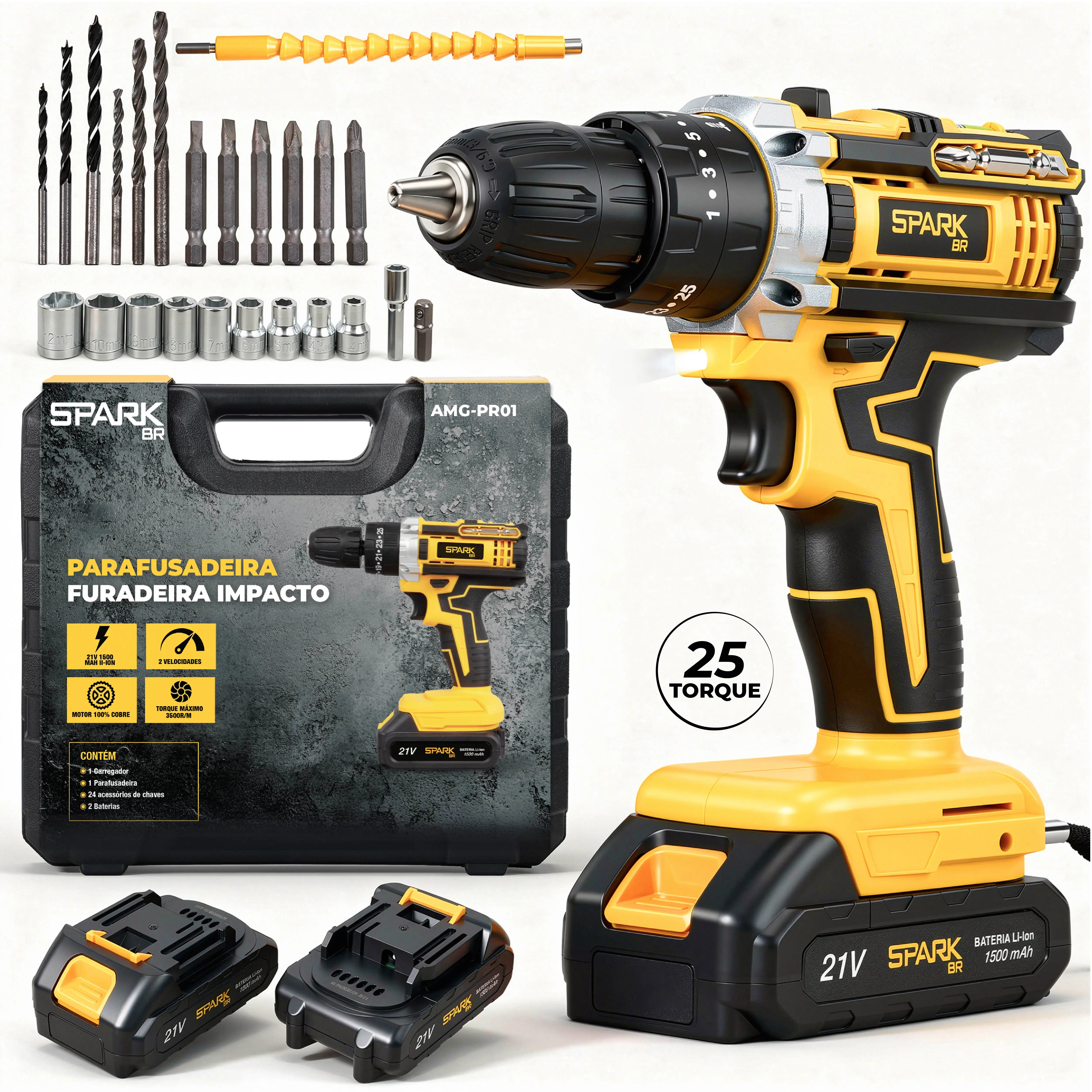 Furadeira Parafusadeira Impacto SparkBr AMG-PR01 21V 26 Acessórios 2 Baterias Cm LED Maleta Profissional Recarregável