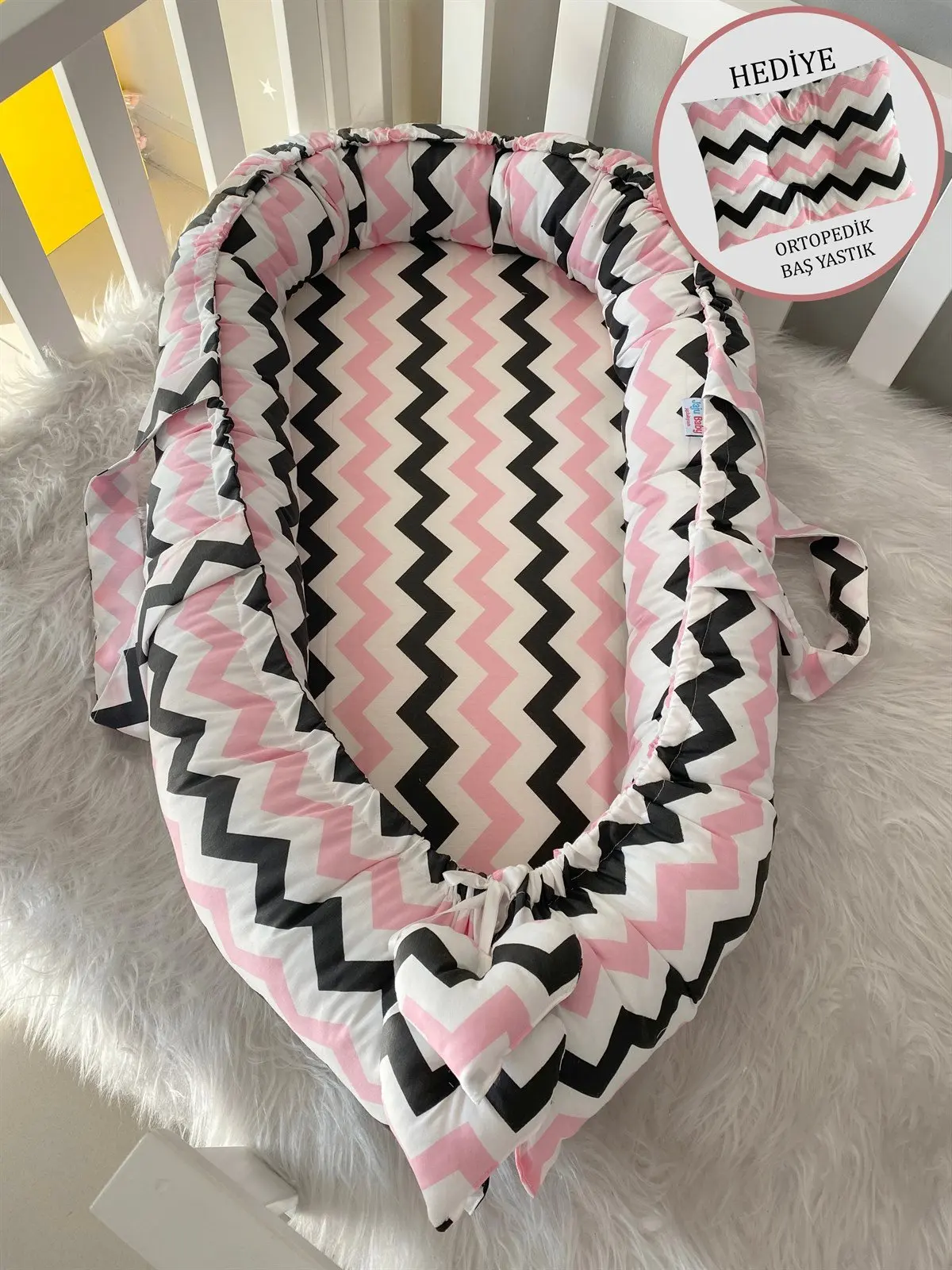 

Handmade Pink - Black Zigzag Patterned Baby Nest Orthopedic Pillow with Gift Luxury Babynest