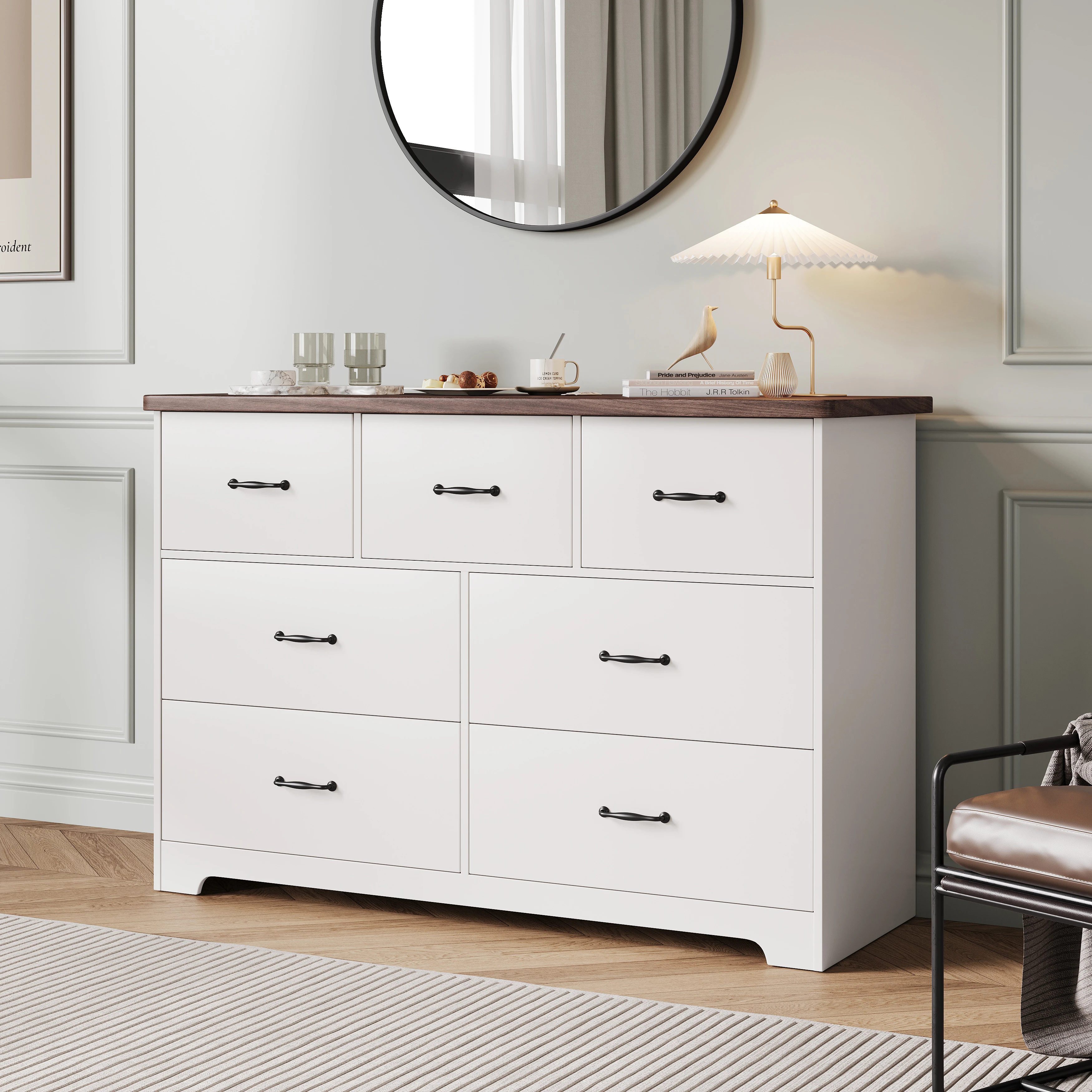 Modern style seven drawer dresser dining cabinet Ample storage space Suitable for living room, children's room Semi-gloss white