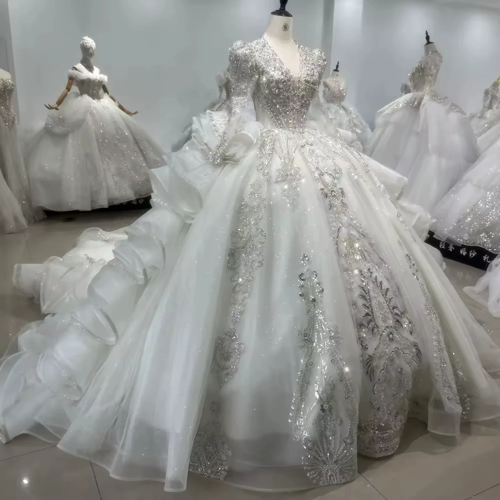 Robes De Mariée Sur Mesure Vestido de novia de manga larga con cuello en V Vestido de fiesta con cordones en la espalda Vestido de novia con cuentas y lentejuelas