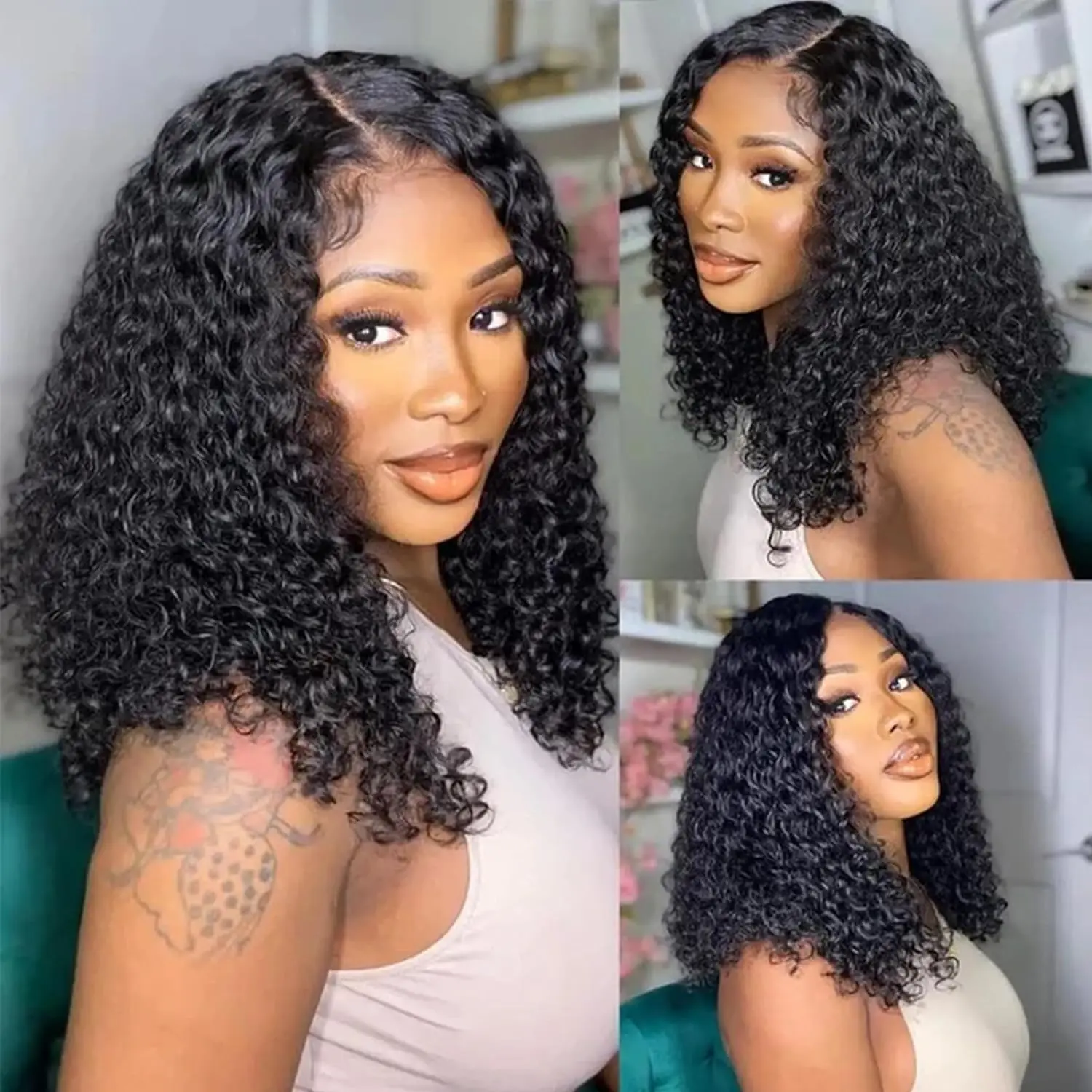 Perruque Bob Lace Front Wig Deep Wave brésilienne naturelle, cheveux courts, cheveux vierges, pre-plucked, avec baby hair, 13x4 HD, 1B, densité 200%