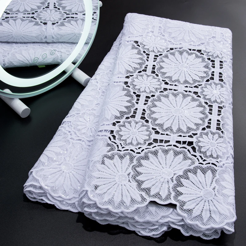 

African Lace Fabric 2024 Guipure White Sequence Lace Fabric With Sequins Nigerian Cord Lace Material For Party Dress A3036