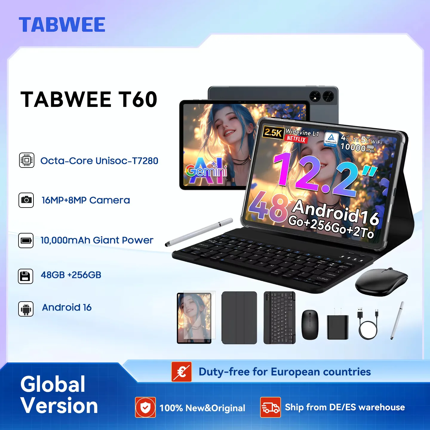 Tablette PC TABWEE T60 avec clavier, écran 12,2 pouces 2,5K, tablette Android 16, jusqu'à 36 Go + 256 Go, 10000 mAh, WiFi 5G/LTE, souris BT