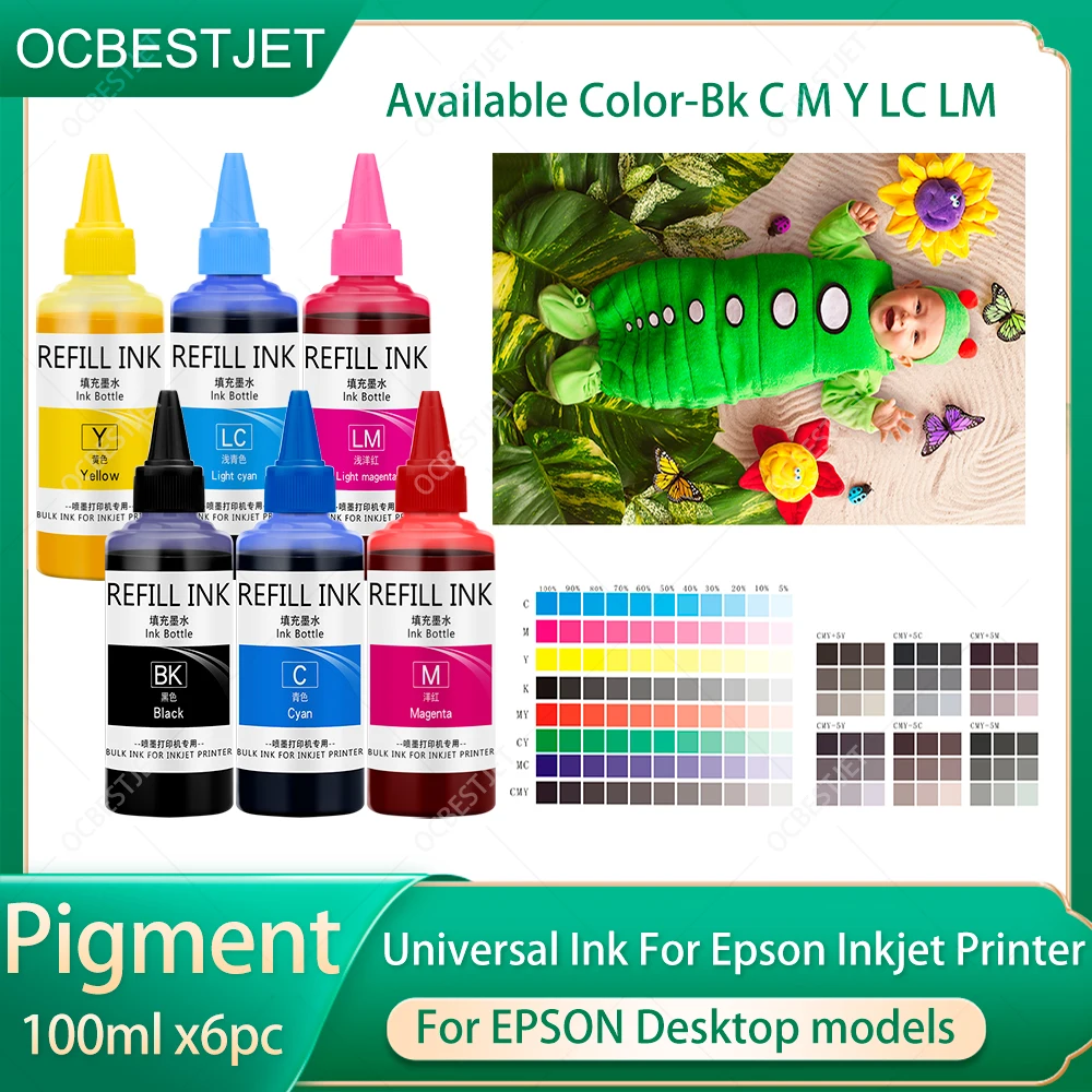 

100ML/Bottle Universal Pigment Ink For Epson All Inkjet Printer Cartridge And CISS Pigment Ink 6 Colors/Set (BK C M Y LC LM)