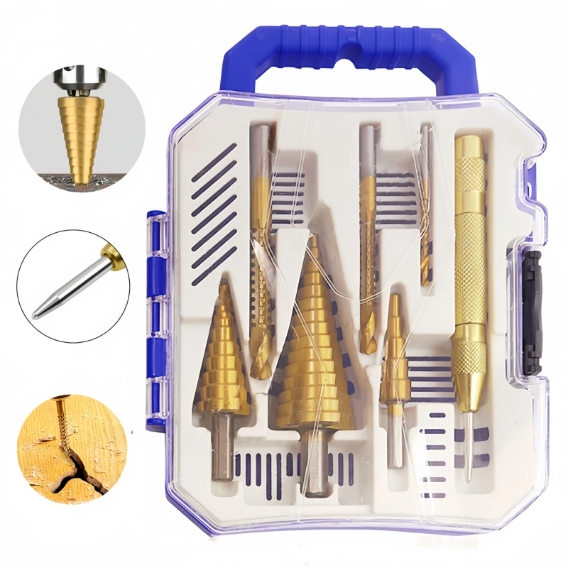 7 Pieces Titanium Yellow Scaled Steel Drill/Side Cut Drill Puncture Marker With Plastic P Organizer Case