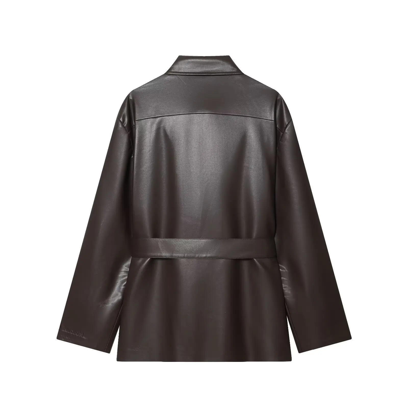 Casual Chic Chocolate Brown Leather Jackets Women Long Sleeve Buttons Sashes Coats Fashion 2025 Streetwear Outwears