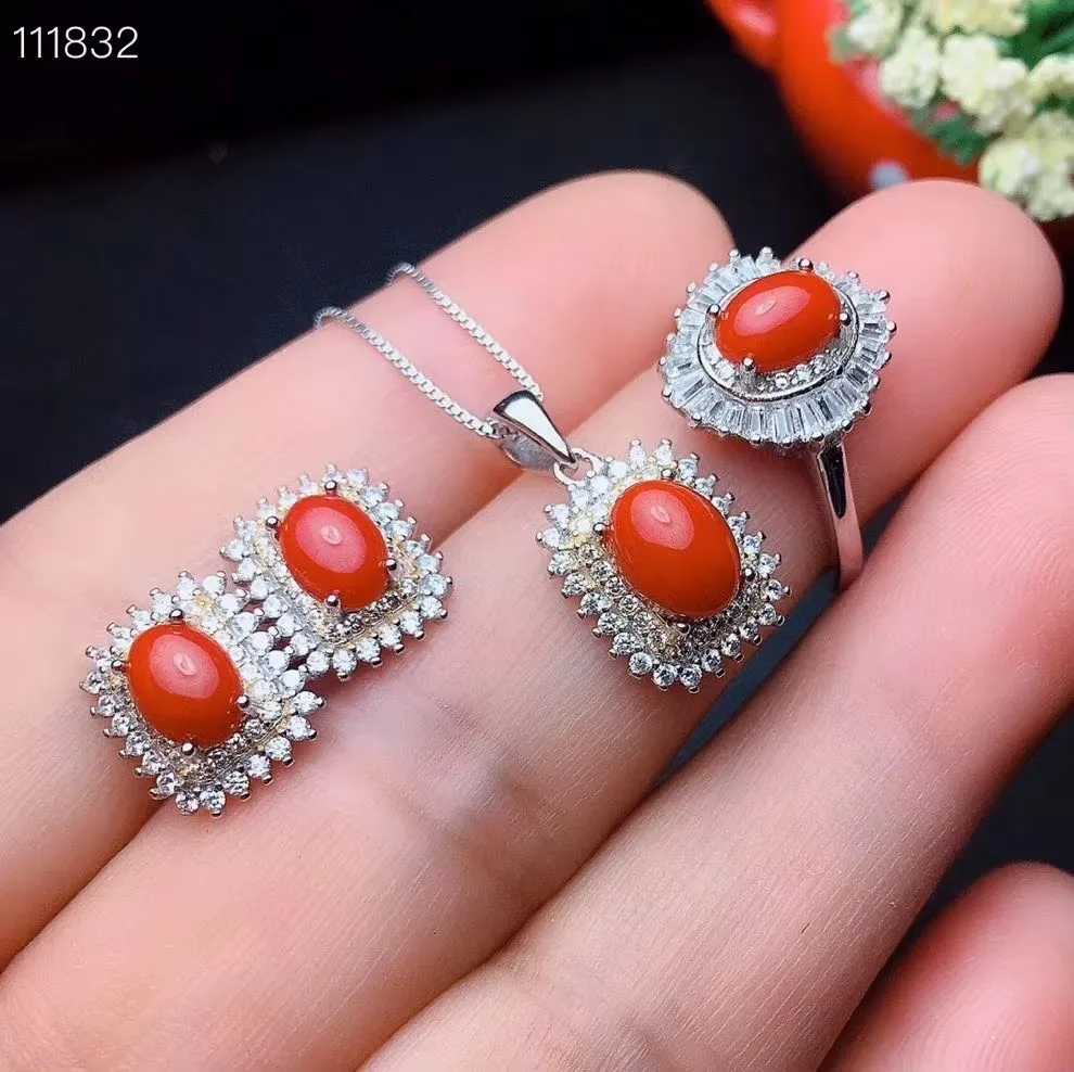 KJJEAXCMY Jewelry Girls' Natural Square Red Coral Gemstone Necklace Pendant Ring Earring Set 925 Pure Silver Plated Platinum view 5