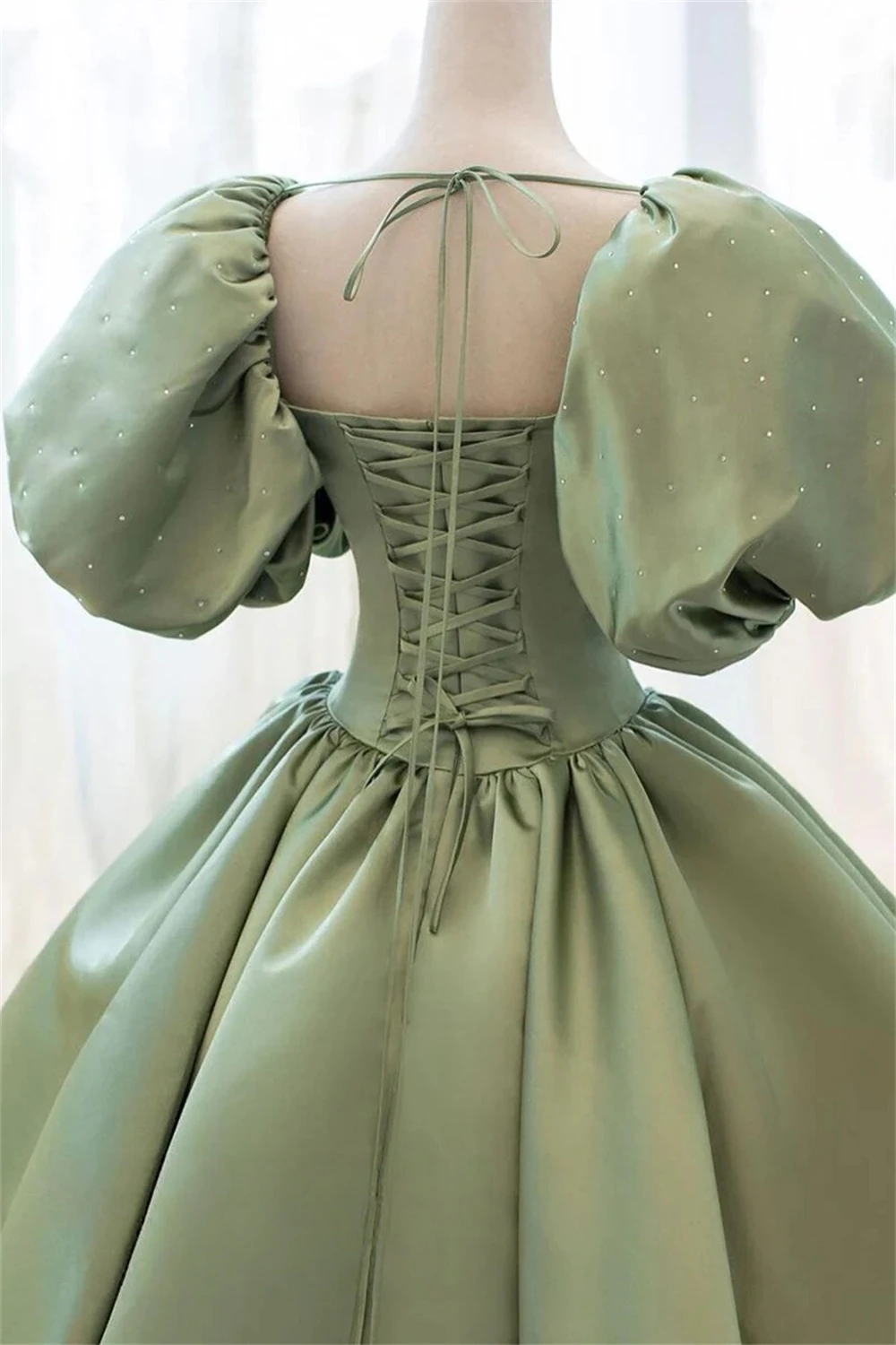 Sansa Customized Light Green Boll Gown Corset Multilayer Pleats Prom Dress Puff Sleeve Vestidos De Noche Floor-Length Evening