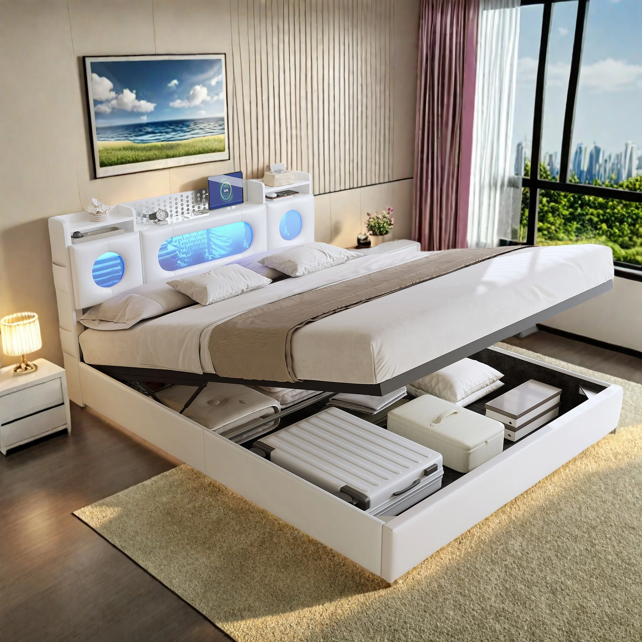 Letto matrimoniale 160x200 con illuminazione a LED e stazione di ricarica USB, letto imbottito 160x200 con contenitore e rete a doghe, letto boxspring, giroletto con testiera, senza materasso, PU,