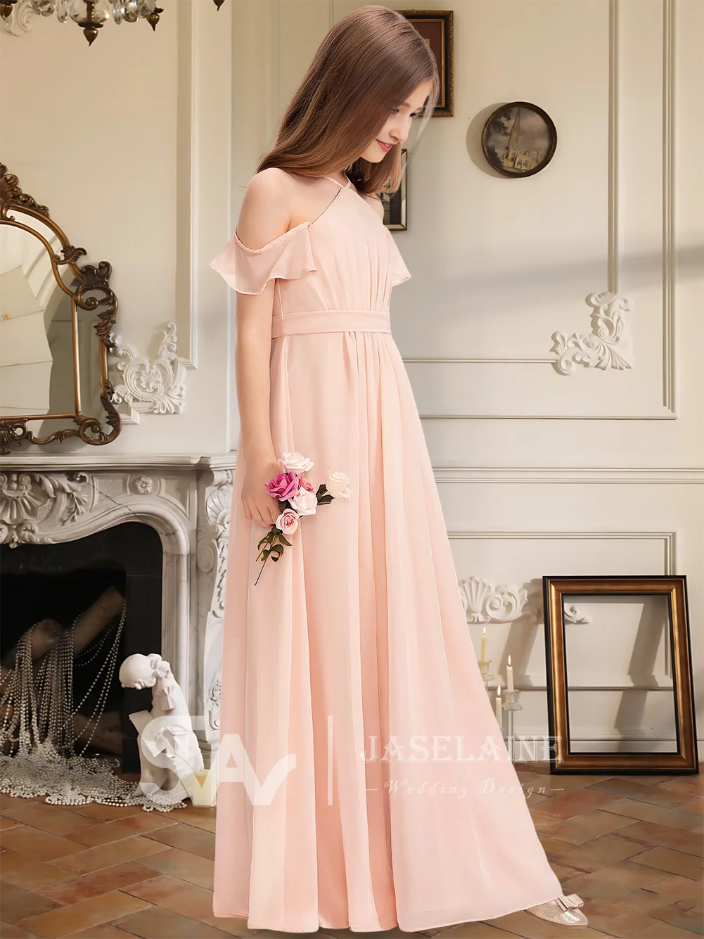 

Детское платье подружки невесты, платье с цветочным узором для девочек, шифоновое платье длиной до пола, с лямкой на бретельках, праздничное платье для девочек