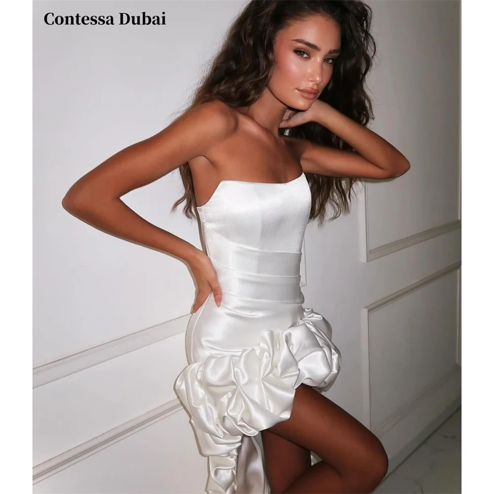 

Contessa Custom White Strapless Evening Dress Satin Mini Prom Dresses with 3D Ruffle Vestidos De Noche Bodycon Formal Evening