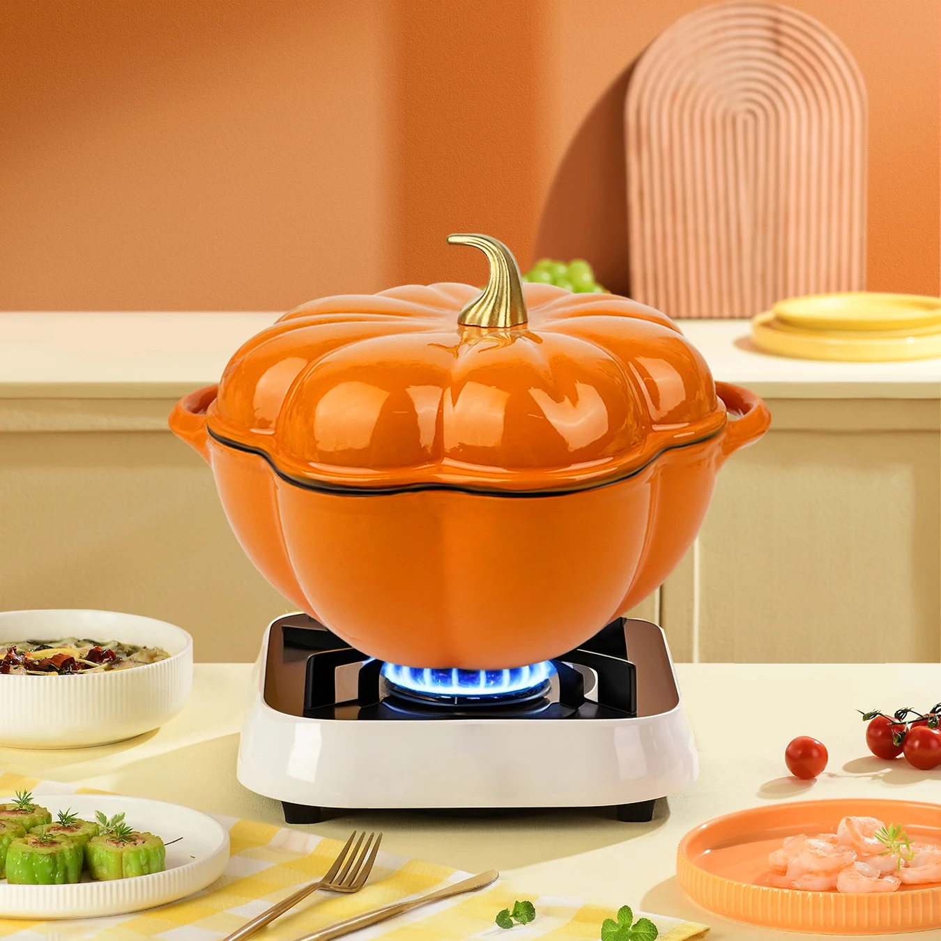 

Cast Iron Pumpkin Enameled Soup Pot with Lid,Yellow Dutch Oven, Non-stick Cooking Pots, Halloween Thanksgiving Gift,Home Kitchen