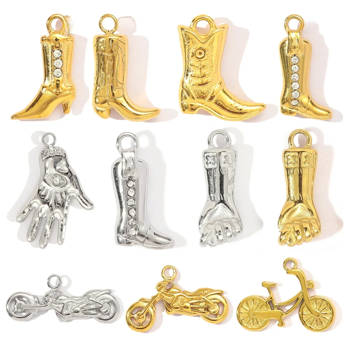 Breloques de moto en acier inoxydable pour femmes, 3 pièces/lot, poing, bricolage, pierre, talons hauts, bottes, collier à main, pendentifs, bijoux