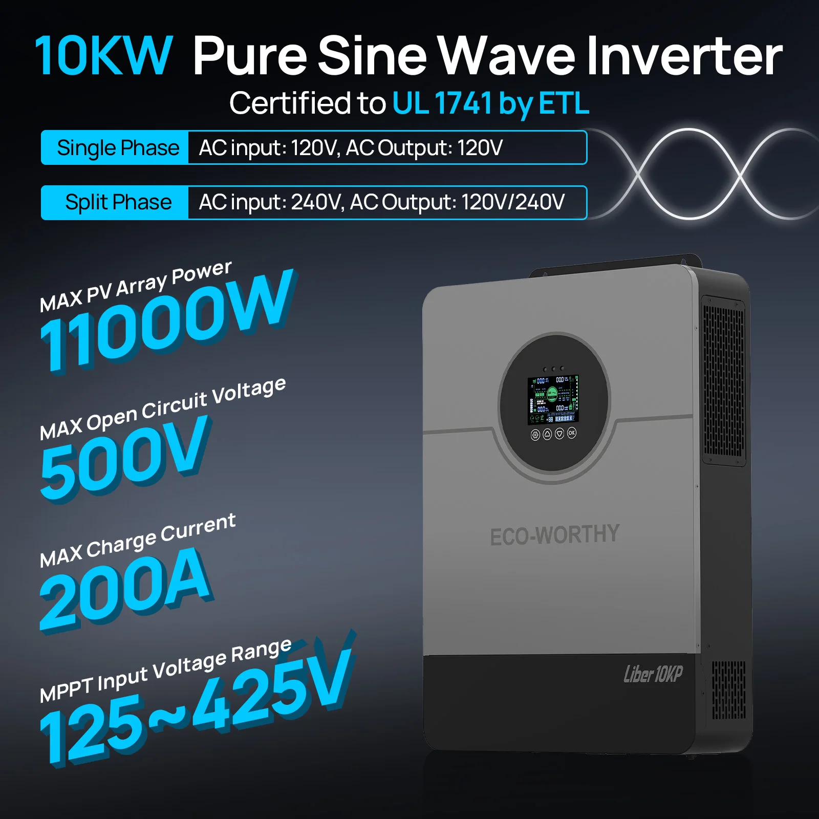 ECO-WORTHY 10KW 48V Off-grid Inverter 120V/220V Split Phase 200A Charger UL1741 forHome Backup, Emergency Power