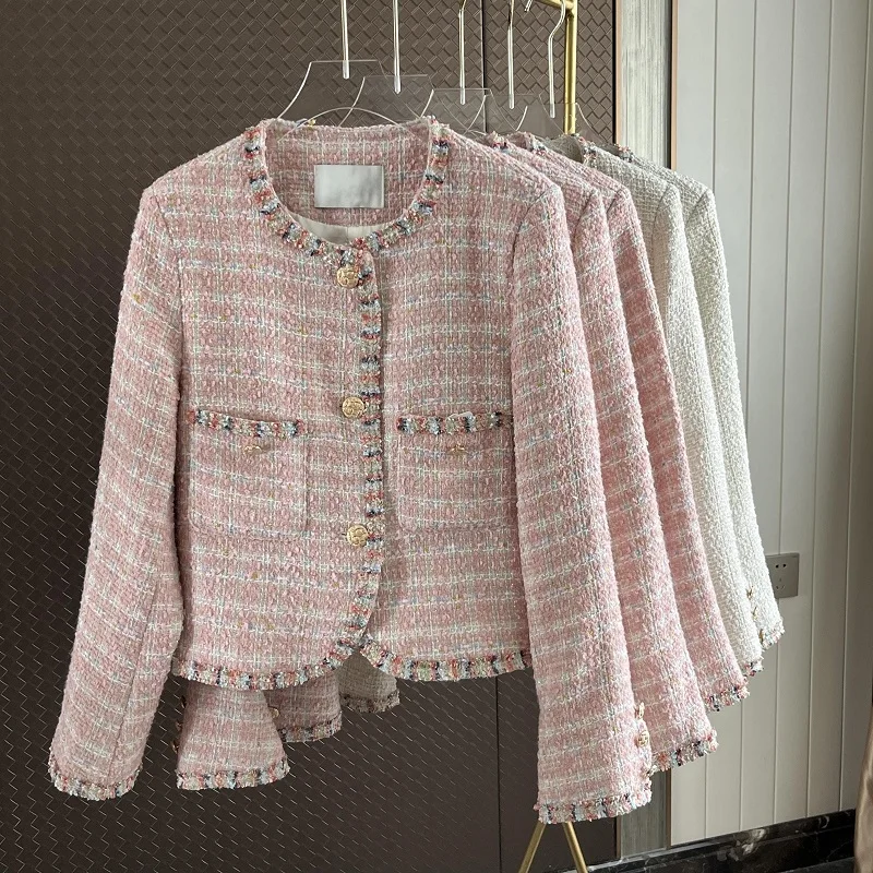 Autumn Short 2023 New Temperament Pink Fragrant Tweed Jackets Weaving Coat Outerwear Chaquetas