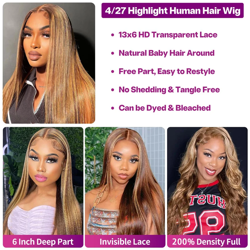 Destaque Straight Lace Front Perucas, Pré Arrancado Ombre, Cabelo Humano, Mel Loiro, 180 Densidade, 4/27, 13x6, 13x4, 30 Polegada