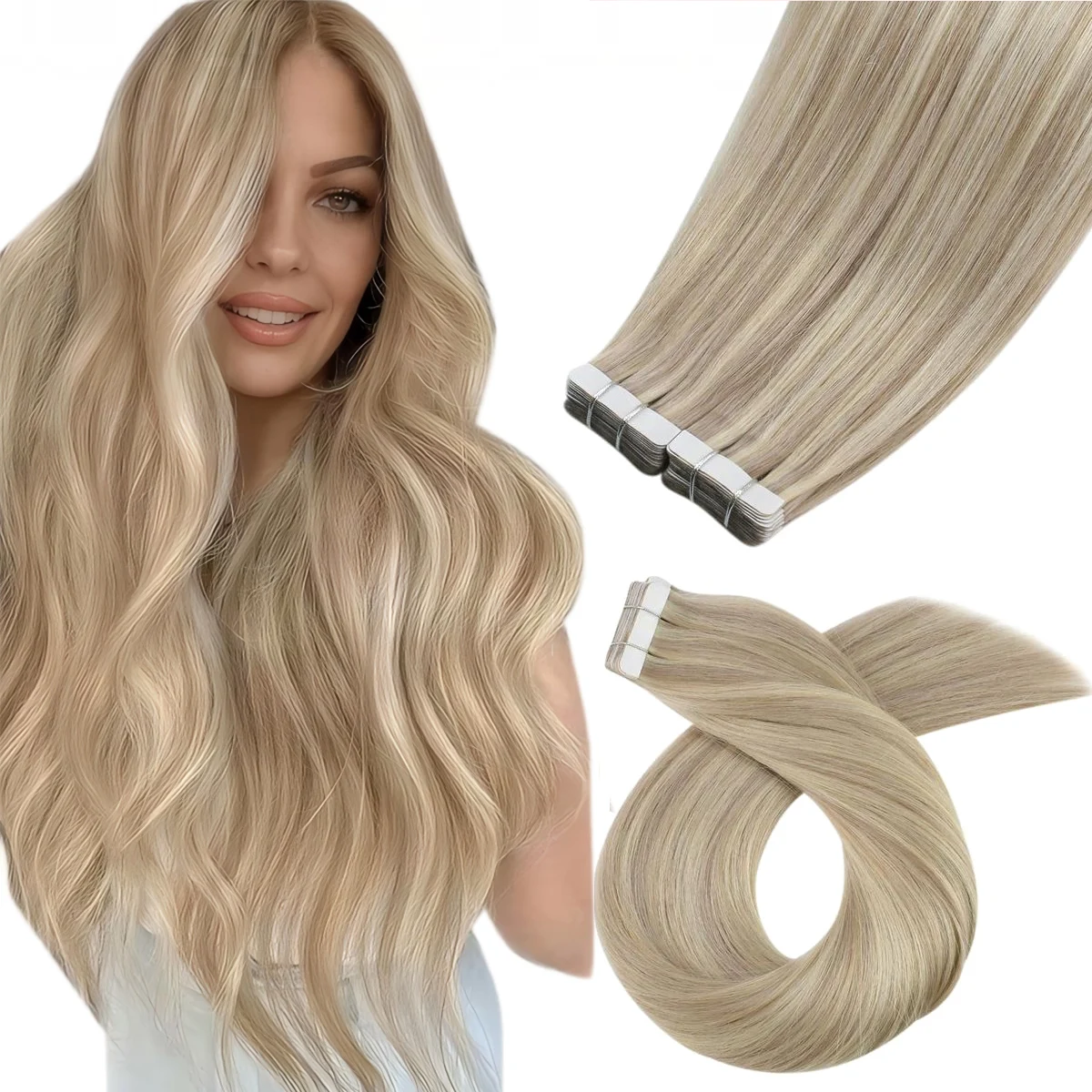 Tape in Hair Extensions Human Hair Highlight Color 18 Ash Blonde and 613 Light Blonde Hair Extensions Tape Ins 20pcs 50g