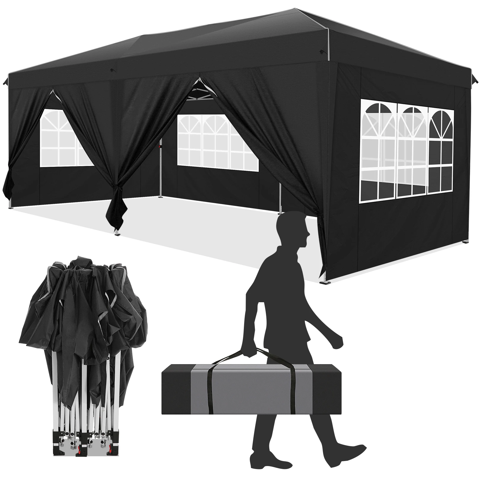 3x6m Pop-up Gazebo Foldable Party Tent with 6 Sidewalls, Easy Assembly for Weddings, Commercial Use, UV50+ Protection Steel Frame