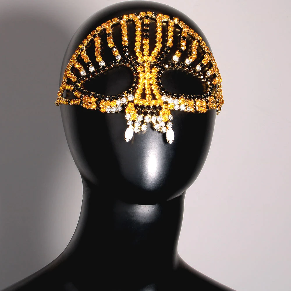 Sexy Cheetah Yellow Rhinestone Mask Veil Men Masquerade Accessories Halloween Costume Rave Crystal Face Jewelry Chain for Women