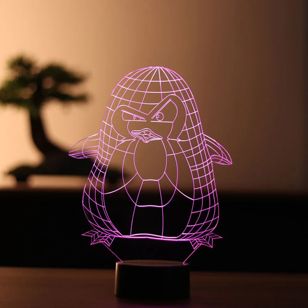 Penguin Wood Base Gift for Animal Lovers Snow Themed 3D Illusion Acrylic Led Night Table Lamp 12 Volt Adapter Daylight Design Room Decor Anime Wedding Stranger Things Led Lights Wedding Decoration Nightlights Bedroom