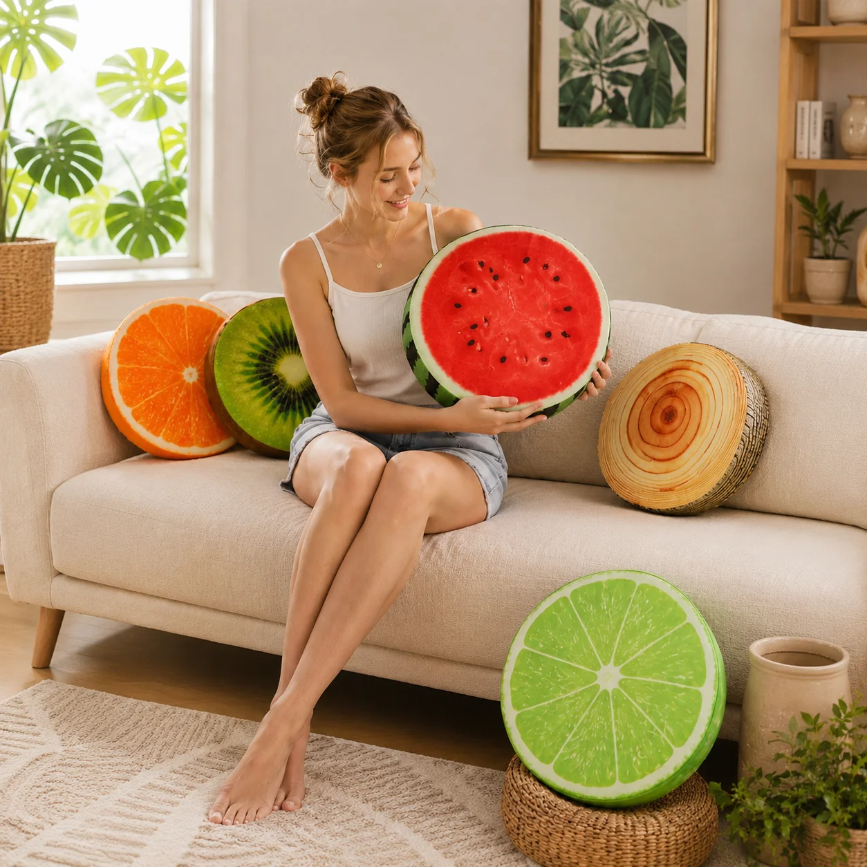 1PC Fruit Round Seat Cushion 40x40cm Soft Chair Pad Watermelon Kiwi Orange Lime Floor Pillow for Home Office Car