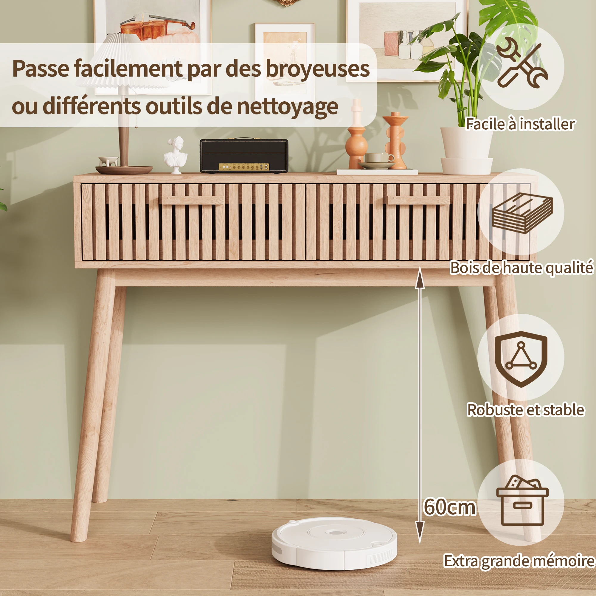 Mesa Consola Estrecha con 2 Cajones, Mesa de Entrada de Madera, Mesa Delgada para Sofá, para Pasillo, Dormitorio, Sala de Estar, 100x35x80cm