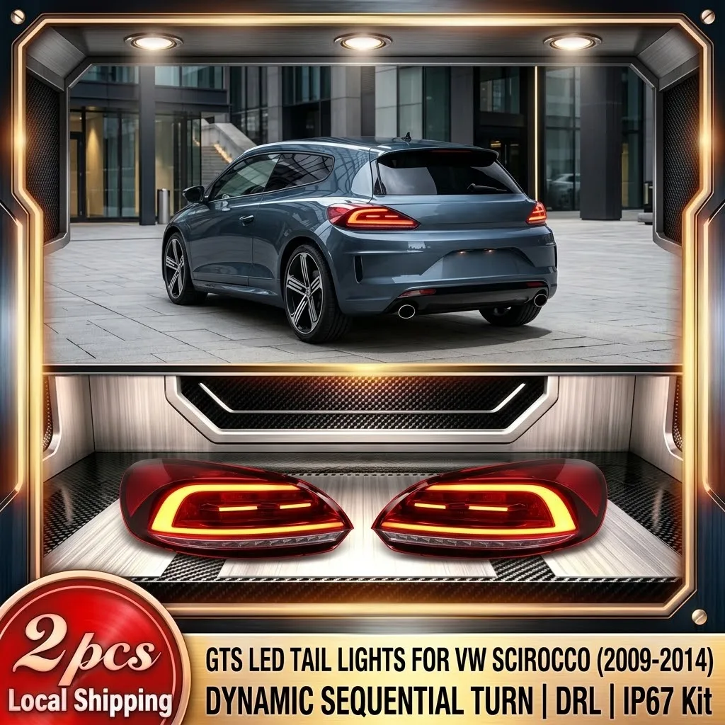 Image of 2 Stück ROTE E-Mark Voll-LED-Rückleuchten für VW Scirocco MK3 Coupé 2009-2014 mit dynamischem sequenziellem Blinker, Tagfahrlicht, Bremslicht und Rückfahrlicht, Direkter Austausch, Plug & Play, IP67