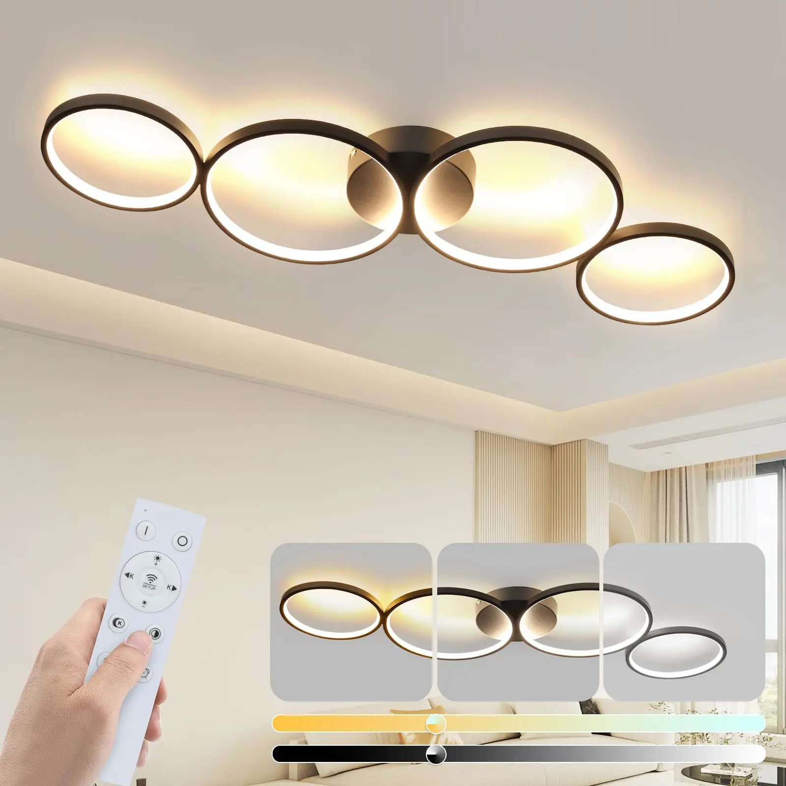 Moderne Schwarze LED Deckenleuchte 88cm 55W/ 100cm 56W 4 Ringe Asymmetrisch Dimmbar 3000K-6500K Fernbedienung Memory Indirektes Licht Edle Metall Oberflaeche Wohnzimmer Schlafzimmer