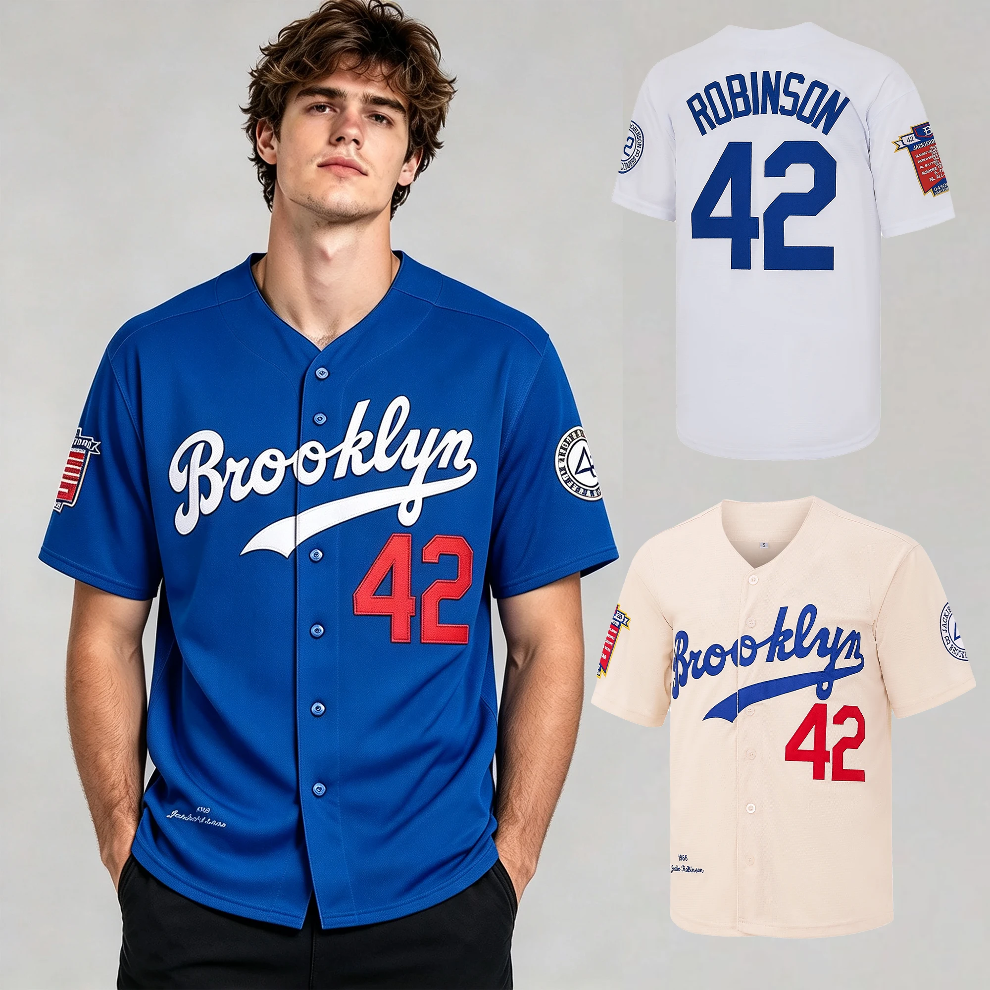 Men's #42 Jackie Robinson Legend Baseball Jersey Blue/White/Beige,Letter Embroidery Baseball Shirt, Fan Holiday Gift