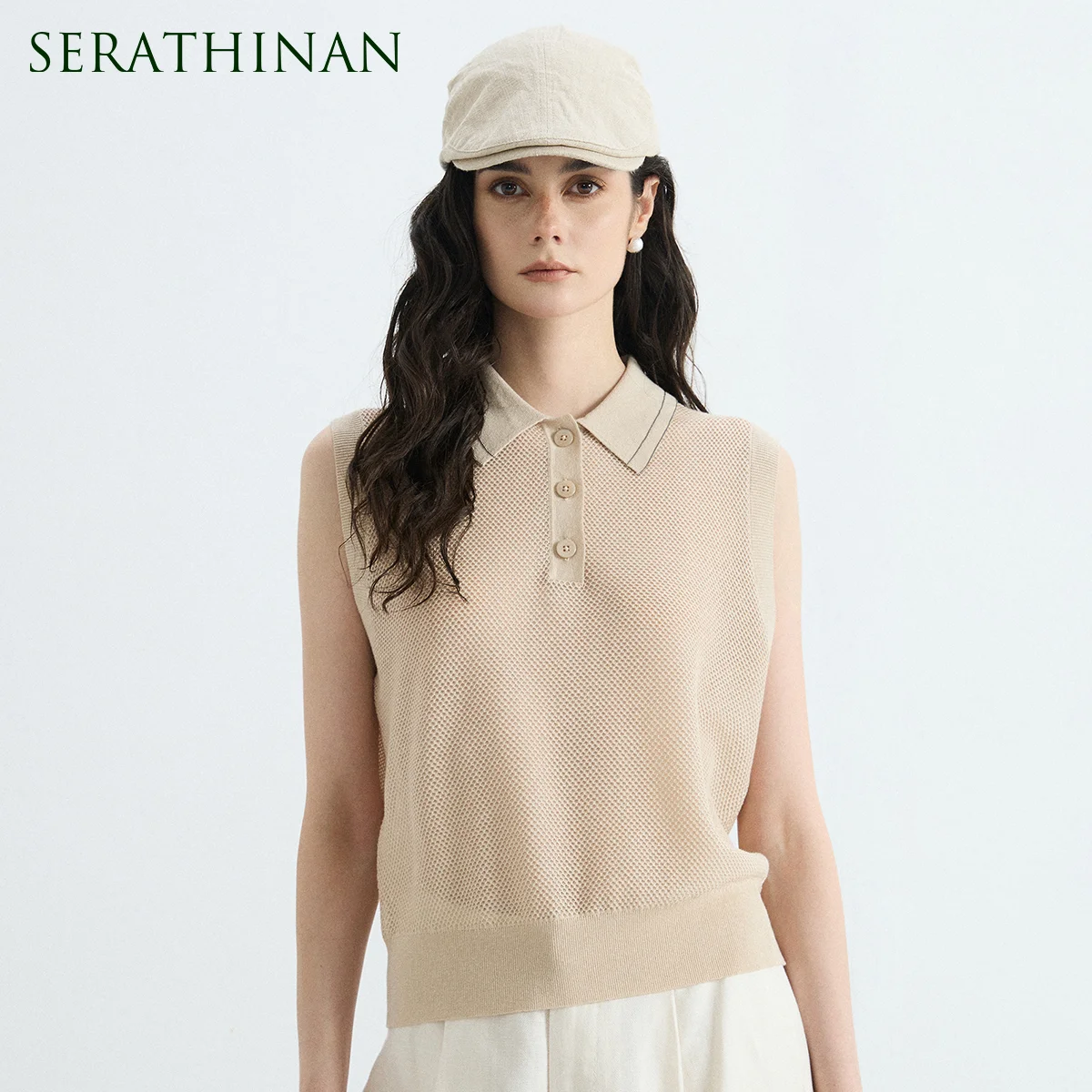 

BD3611551 Premium Silk Linen Knitted Vest Women's Chic Polo Neck Pullover Luxury Sleeveless Slim Fit Stretchy Tee