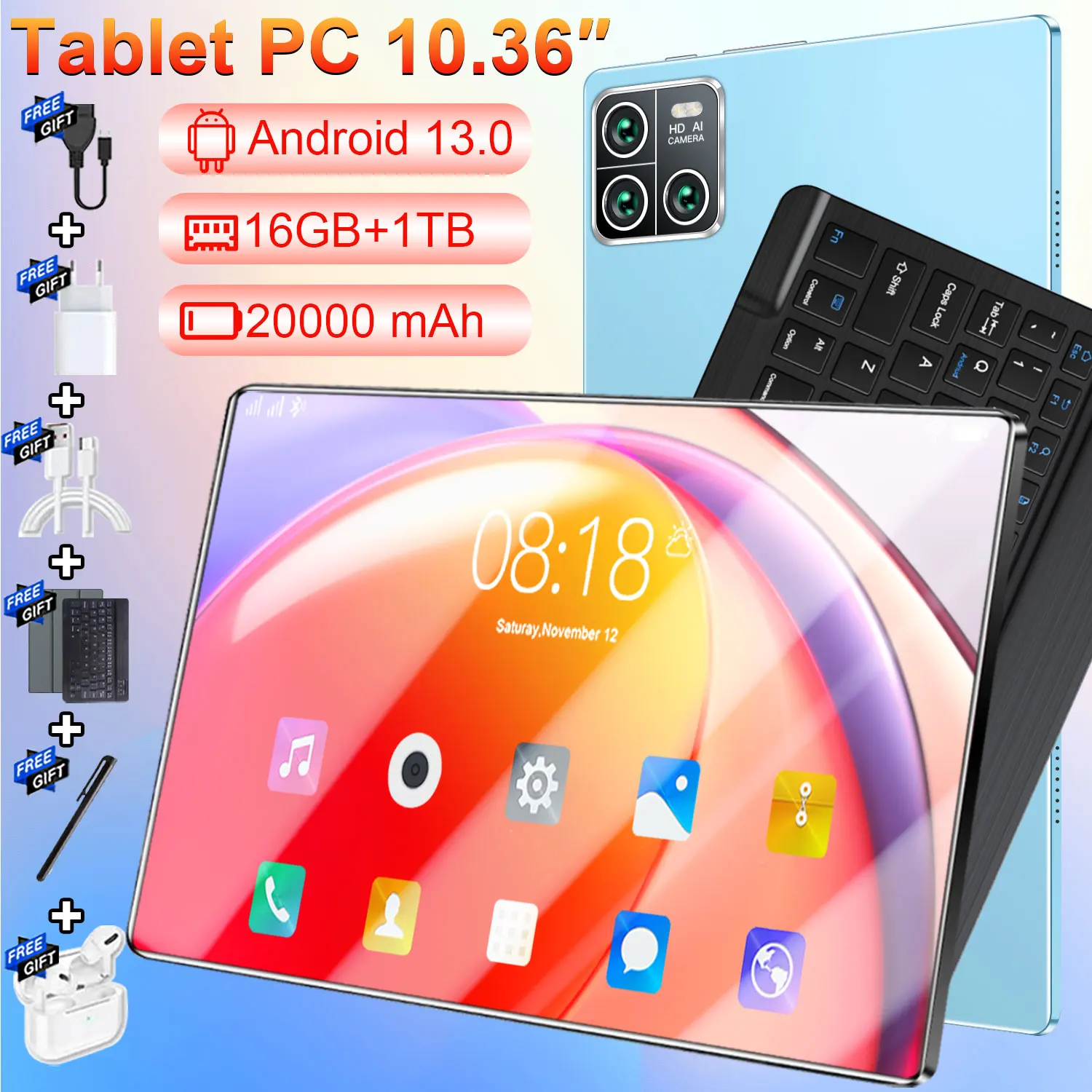 Tablette Android 10,36 pouces, écran 4K HD, 20000 mAh, 14 cœurs, 16 Go, 1 To, Android 13.0, 5G, Wi-Fi, Bluetooth, WPS, tablette PC, appels téléphoniques, tablette Android neuve