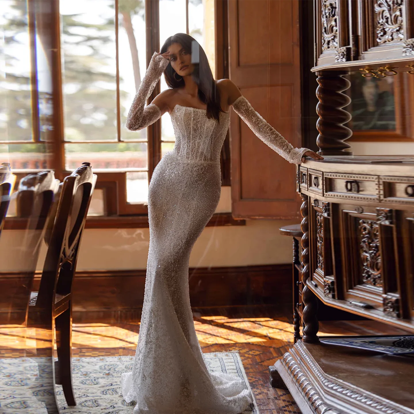 

Sharon Said Sexy Corset Mermaid Off White Tulle Wedding Dress 2025 Sparkly long Sleeve Strapless Bride Gowns SW390 Customized