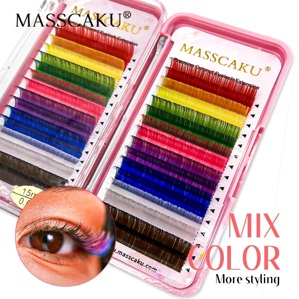 

MASSCAKU Multi Color Professional Individual Eyelashes Soft and Very Light Lash Extensions Colorful Mink Lashes Trays in Stock