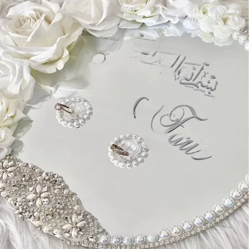 Muzułmańskie lustro Naklejki na talerze ślubne Spersonalizowane talerze Nikkah Niestandardowe nazwy i daty Naklejki Naklejki na obrączki ślubne — zdjęcie 2