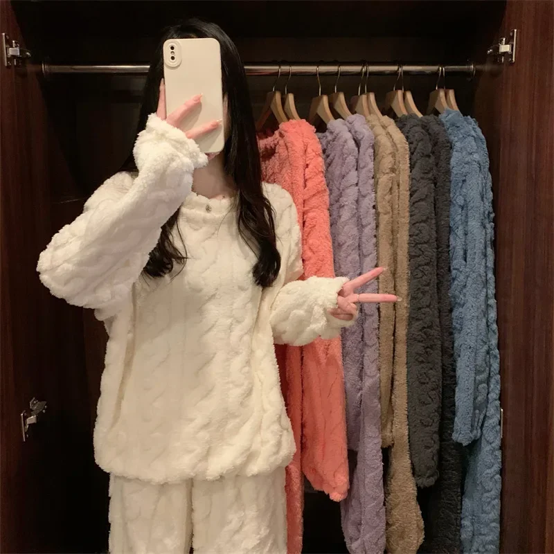 Warm Pajamas Women Autumn and Winter Coral Fleece Thickened 2023 Student Striped Flannel Home Wear Tops and Pants Set