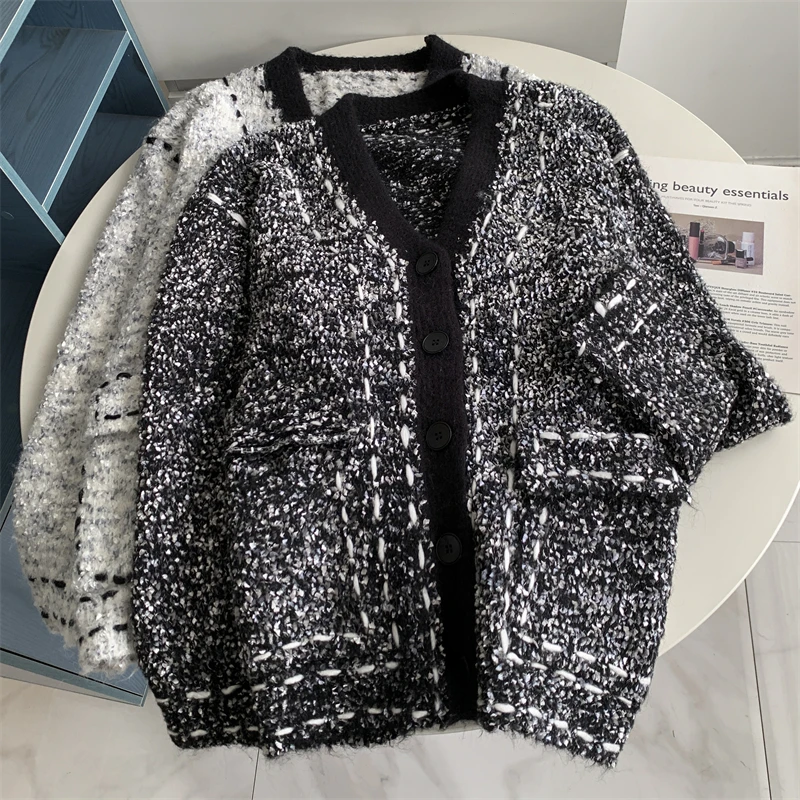 

Зимний свитер с v-образным вырезом, пальто, женский вязаный кардиган средней длины, верхняя одежда, высокое качество, свободные топы с длинными рукавами для поездок на работу