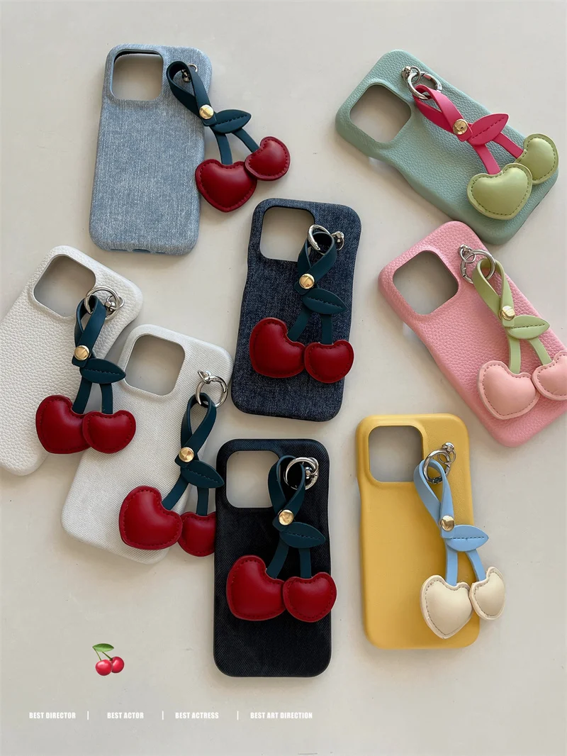 Leather Phone Case with Cute Cherry Pendant for Women Protective Cover for iPhone 15 Pro 12 13 14 Pro Max Cover Denim Cloth