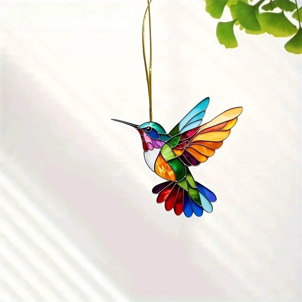 Colibri plat coloré 2D en acrylique de 8cm, pendentif suspendu, carillon éolien, attrape-soleil, ornement de fenêtre de maison, décor de jardin, de voiture