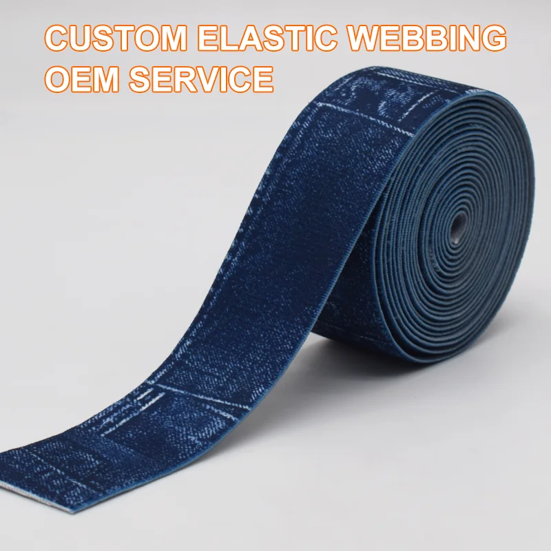 Custom Denim Pattern Heat Transfer Printed Elastic Band Personalized Stretch Webbing Tape for Jeans Apparel Waistbands Clothing
