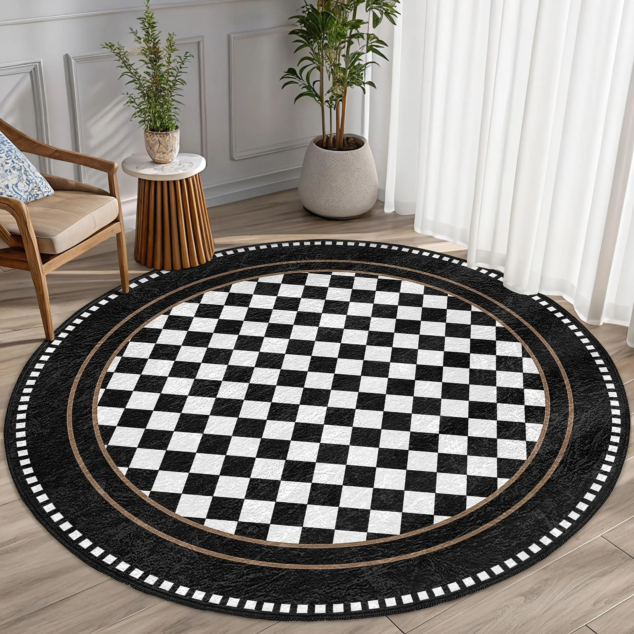 2D Flat,1pc Black And White Checkered Round Rug, Classic Geometric Pattern Area Rug, Modern Vintage Decor for Living Room Bedroom, Printed Circular Carpet, Cozy Home Accent