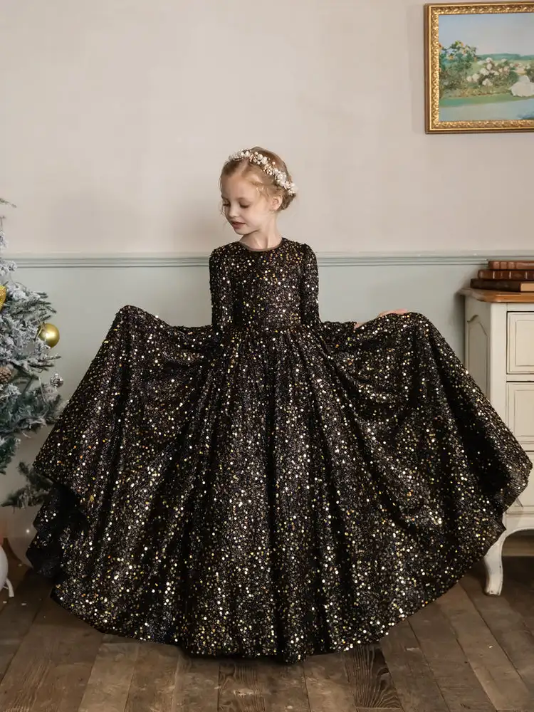 Crew Neck Velvet Sequins Long Sleeves Flower Girl Dresses Christmas Holiday Dress Party Ball Evening Gown Pageant Prom Banquet