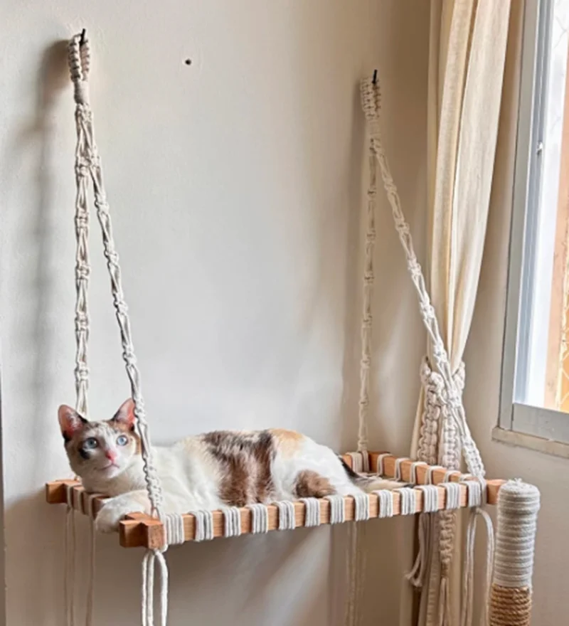 New Cat Hammock Hanging Cat Bed Window Wall Mount Sunny Seat For Cats Accessories Natural Material Wood Cotton Macrame Pet Bed