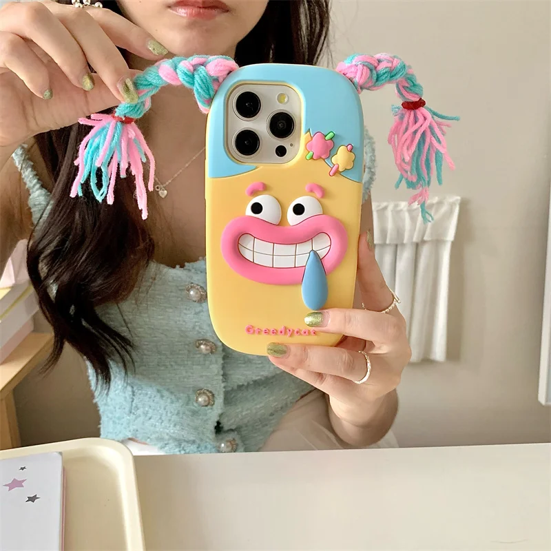 3D Funny long braid cute girl phone case iphone11 12 13 14 15 16 Pro 13pro Max Funny shockproof protection soft silicone Kawaii