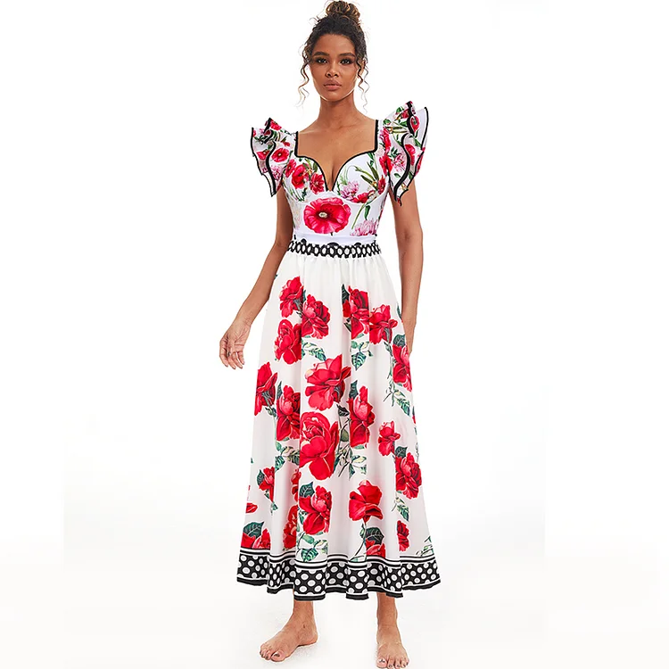 2024 Ruffled Rose Printed One Piece Swimsuit and Skirt Swimwear Set Women Beachwear Luxury Bathing Suit