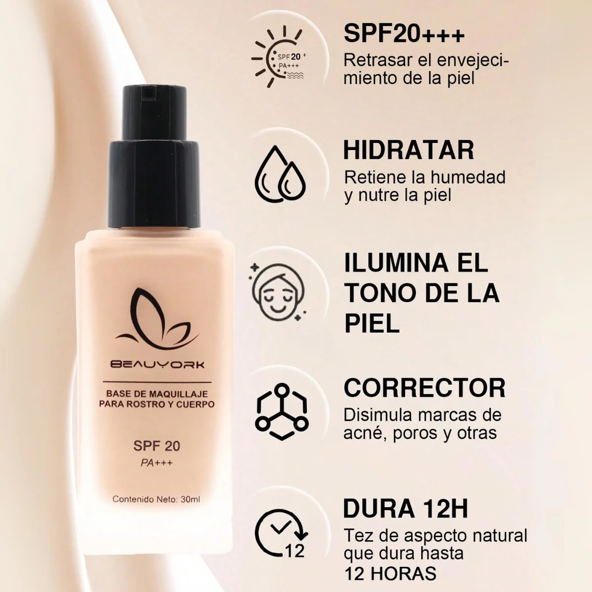 maquillaje mujer Base de maquillaje con protector solar SPF20 PA+++, hidratante de cobertura completa acabado mate transpirable, larga duración, BeauYork